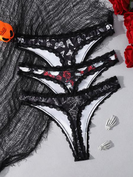 Women's Sexy Lace Trim Butterfly Print Thong Set, Fitted Design for All Seasons, Perfect Halloween Costume Underwear