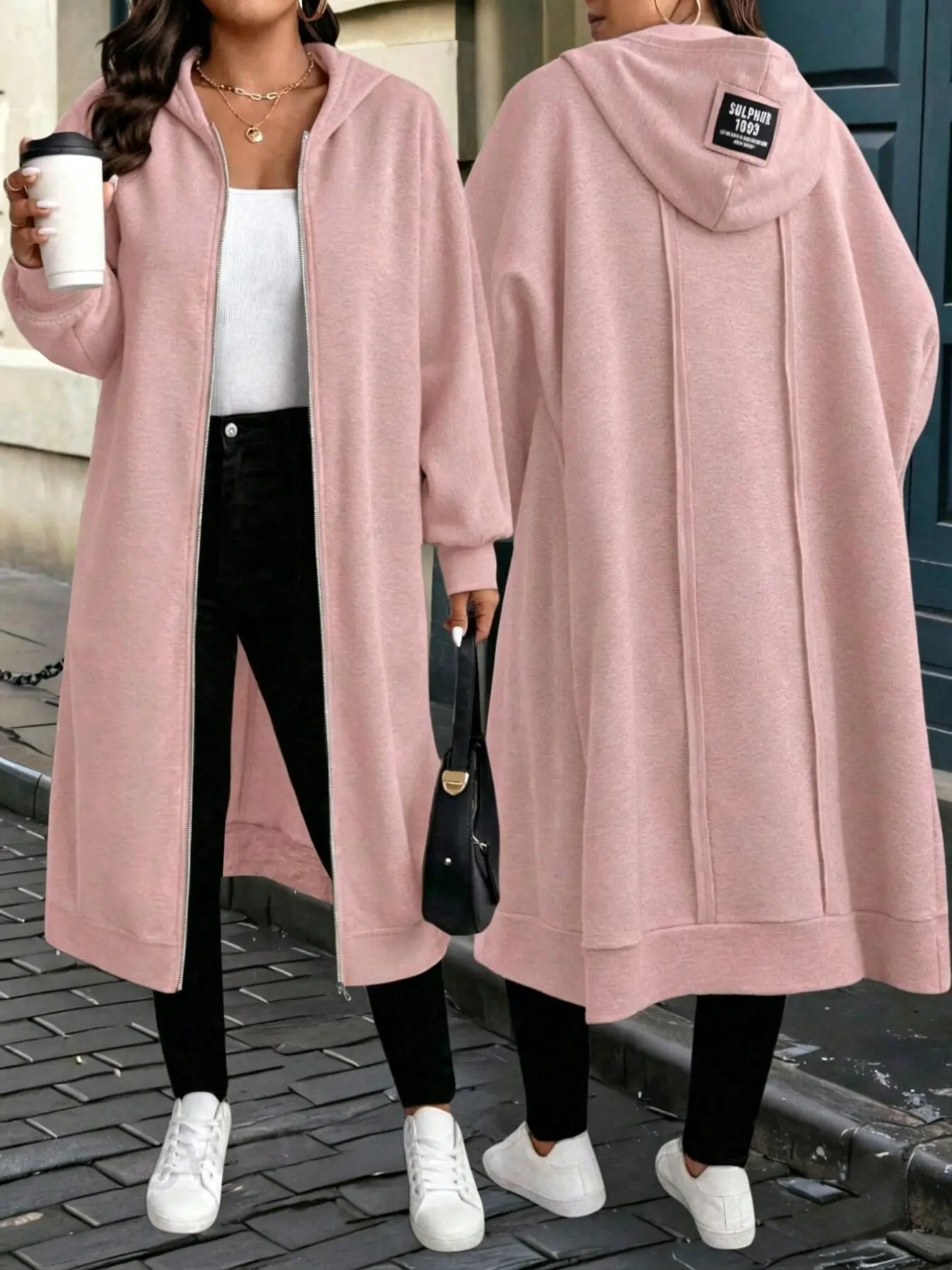 Plus Size Women's Casual Zipper Hooded Coat, Oversized Lantern Sleeve Longline Outerwear, Comfortable and Stylish Clothes