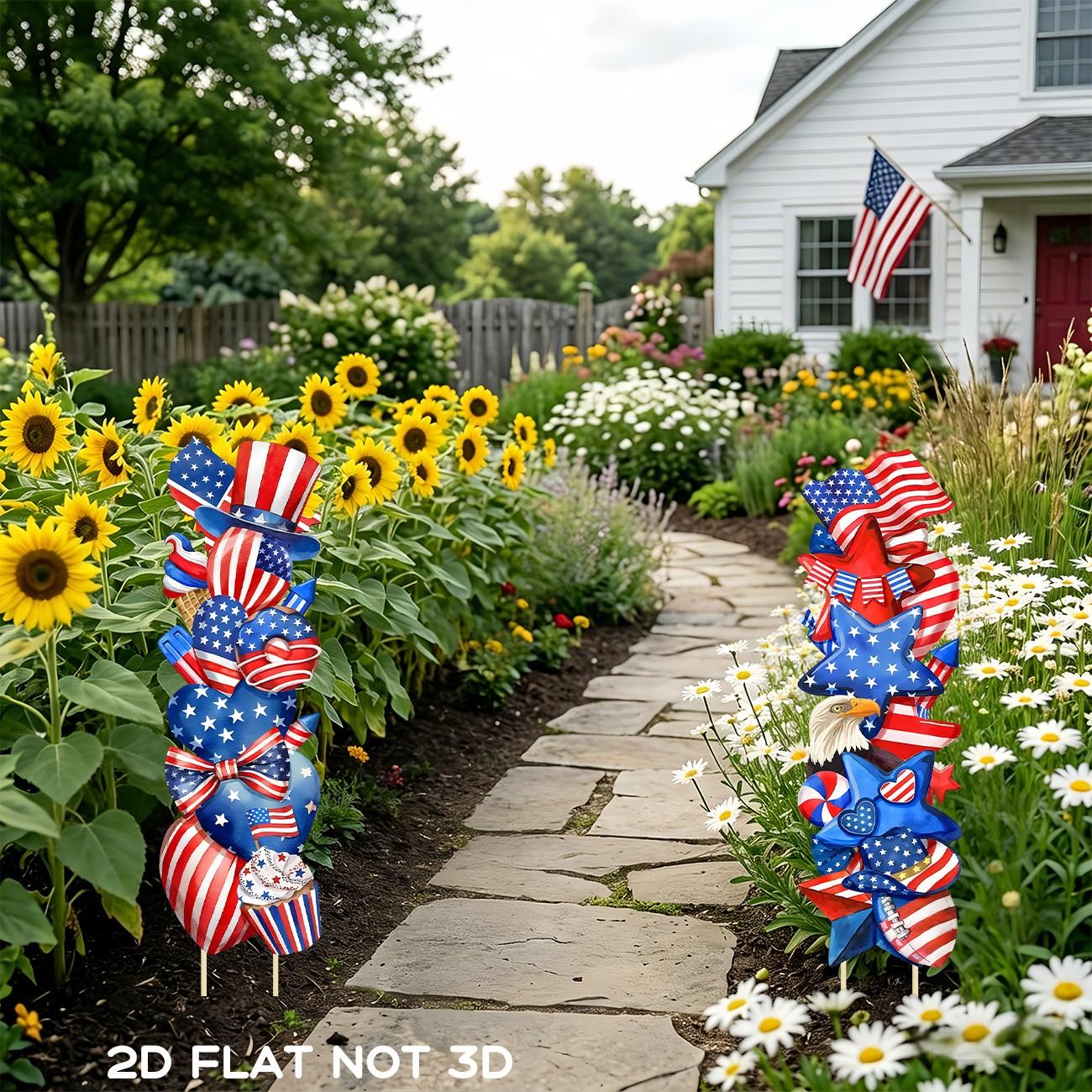 2pcs 4th of July Yard Signs with Stakes, Patriotic American Flag Themed Lawn Decorations, Waterproof Independence Day Outdoor Signs