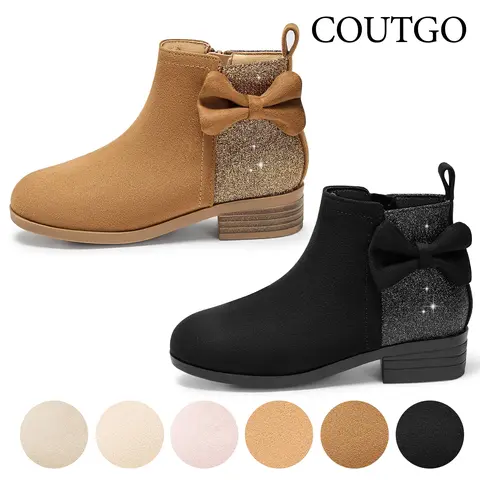 Coutgo Girls' Round Toe Synthetic Suede Booties - Plain Design, Bow Accent, Glitter Detailing, Side Zipper, Low Heel, All-Season Dress Footwear Fashion