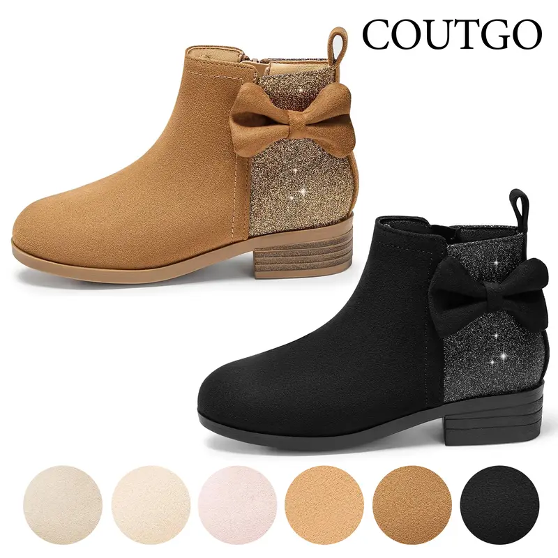Coutgo Girls' Round Toe Synthetic Suede Booties - Plain Design, Bow Accent, Glitter Detailing, Side Zipper, Low Heel, All-Season Dress Footwear Fashion