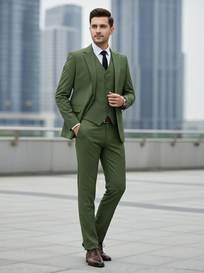 Mens Suit 3 Piece Set Slim Fit Wedding Groomsmen Suit for Men Two Buttons Suits Set Solid Jacket Vest Pants