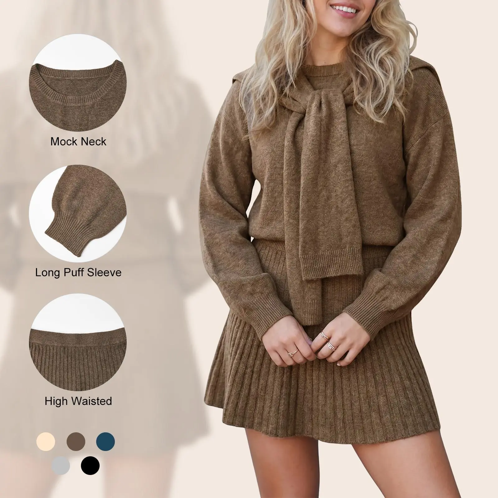 Imily Bela Cozy Knit Tie-Neck Sweater & Skirt Set - Women's Ribbed Two-Piece Outfit