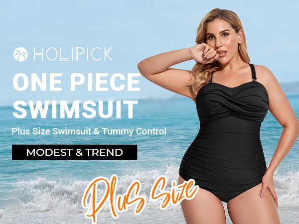 Holipick Plus Size One Piece Swimsuit Tummy Control Strapless Bathing Suits Bandeau Slimming Ruched Twist Front Swimwear