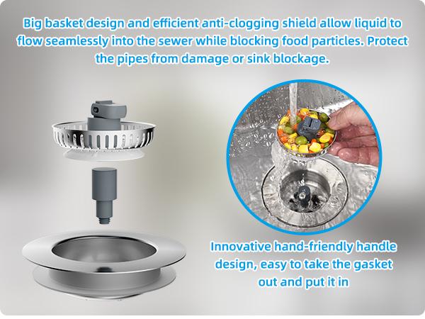 Kitchen Sink Drain Strainer 3 in 1, 304 Stainless Steel Pop Up Sink Stopper, Anti-Clogging Sink Drain Strainer for US Standard Kitchen Drain