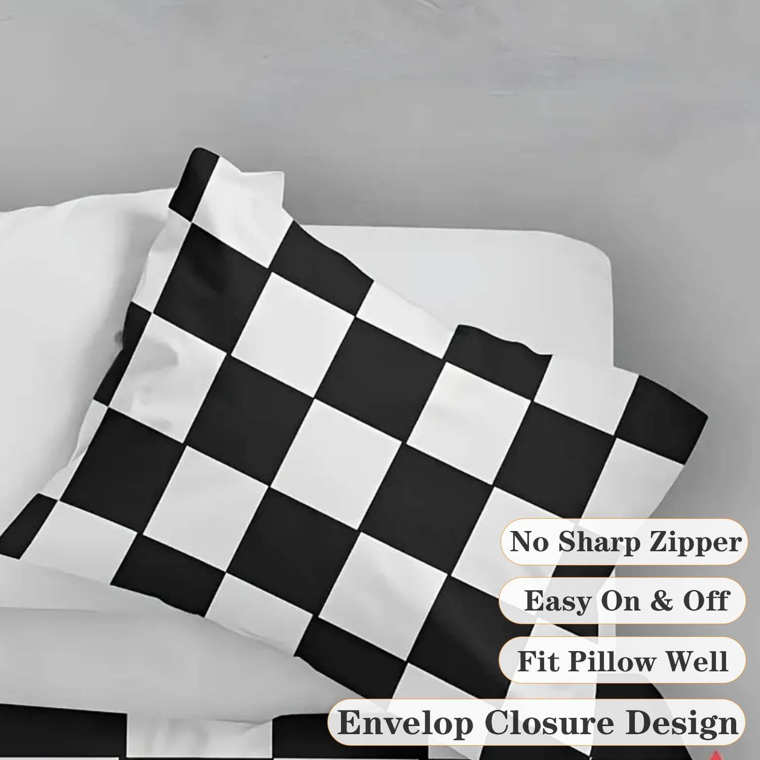 Black & White Checkerboard Premium Polyester Bedding Set, Checkered Geometric Pattern, Includes 1 Fitted Sheet and 2 Pillowcases, No Insert Durable Comfort Design, Modern Style Perfect Gift