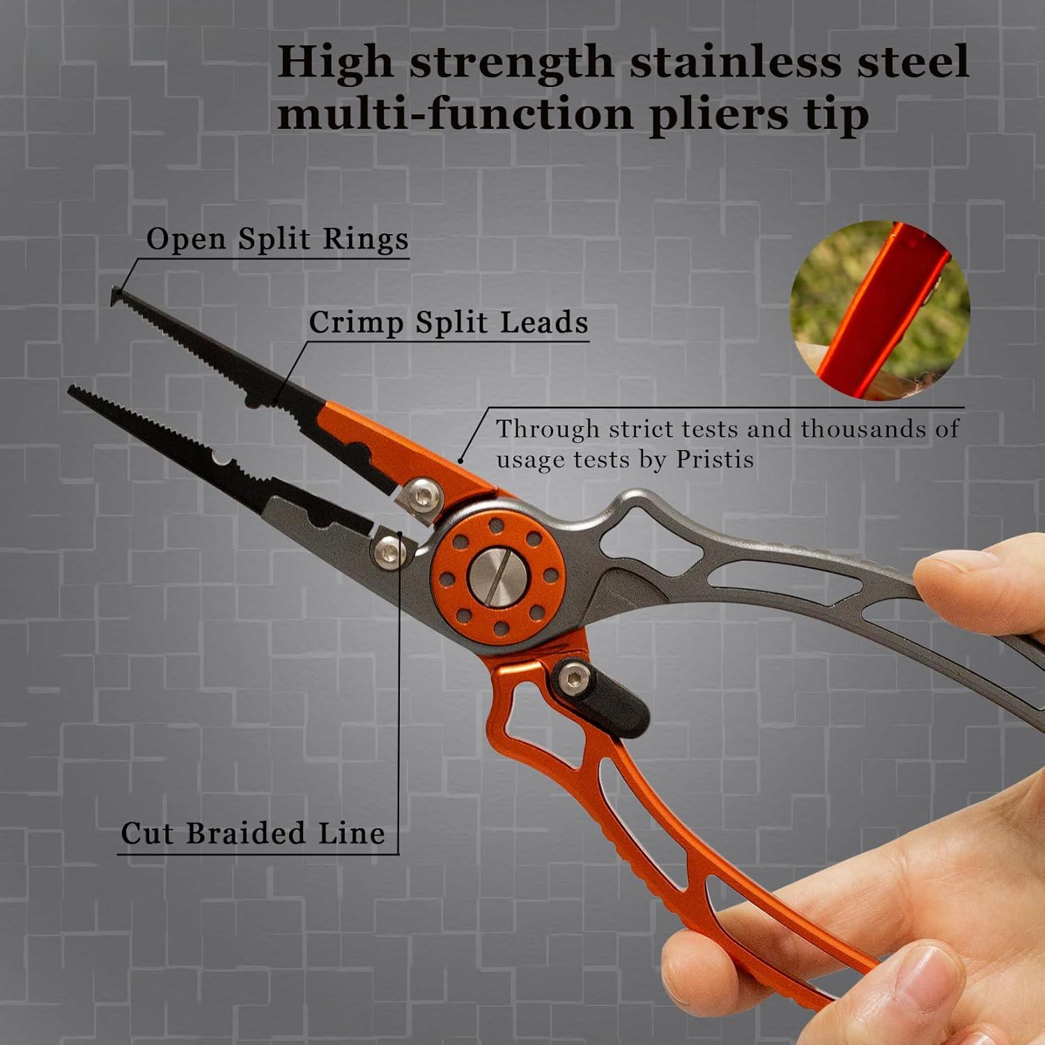 Fishing Pliers, Multi-Function Split Ring Plier Gear, Saltwater Resistant Teflon Coated Locking Hook Remover Cutter, Stainless Steel Top & Aluminum Body Tool Kit Tackle Set for Bass