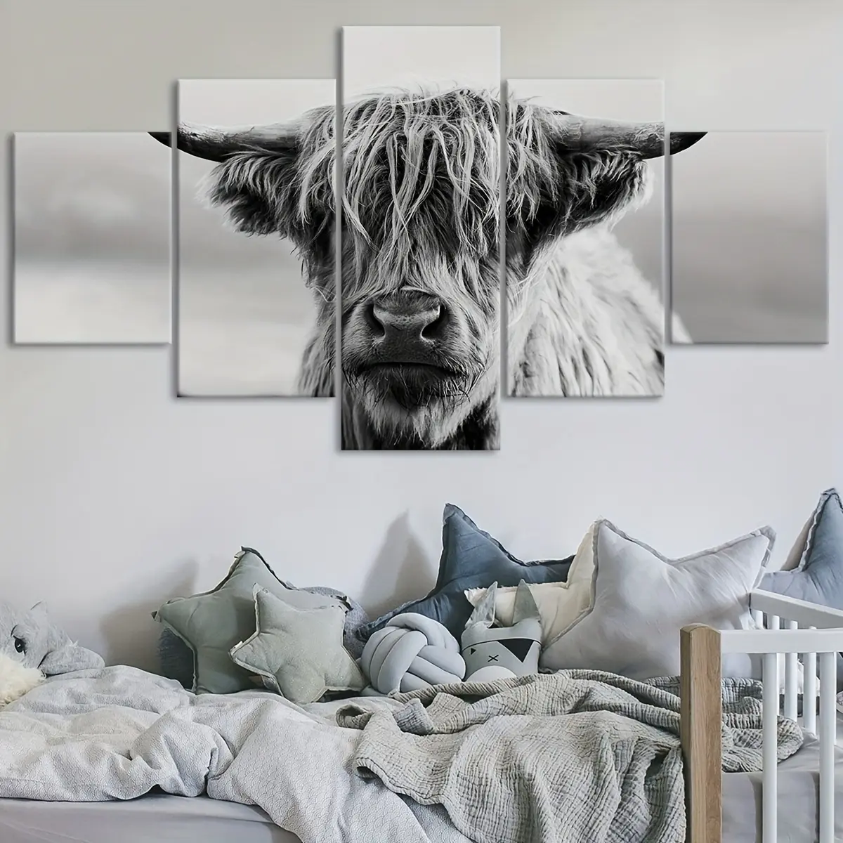 5-Piece Minimalist Black and White Animal Print Highland Cattle Framed Canvas Wall Art - Water Proof, Fade Resistant, Ready to Hang - Living Room, Bedroom Home Decor - Housewarming Gift Idea wall decor