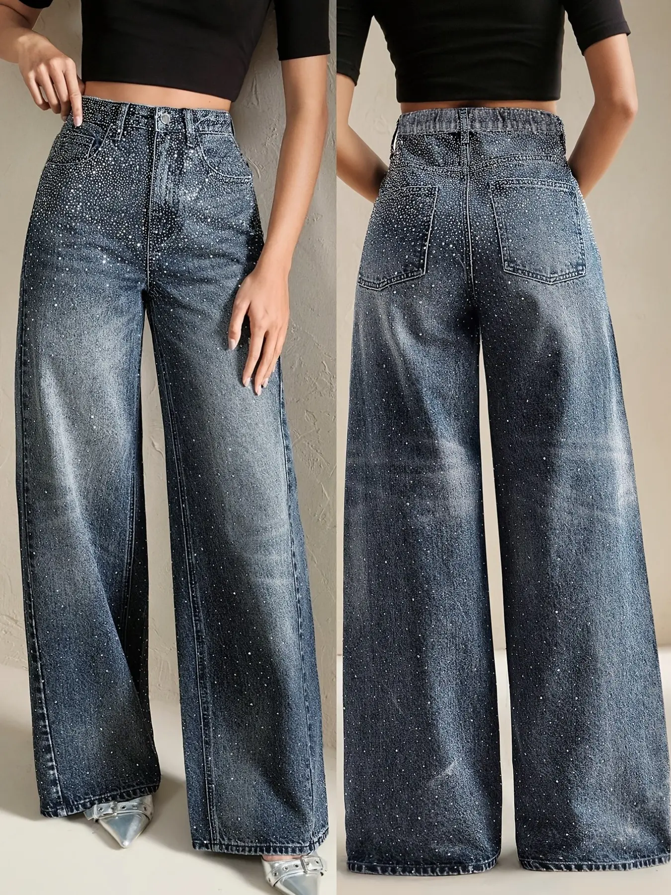 Elegant Fashion Women's Luxury Rhinestone Embellished Non-Elastic Denim Jeans, Casual Daily Wear Wide Leg Long Pants for Women