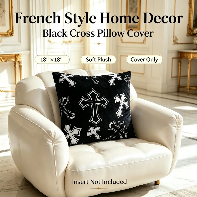Vintage Gothic White Cross Black Throw Pillow Cover, Soft Plush, Material 18"×18" Single Sided Printed Cushion Cover with Hidden Zipper, Emo Punk Room Decor Gift. (No Filler Included)#GothicHomeDecor #PunkDecor #CrossPillow #ThrowPillowCover