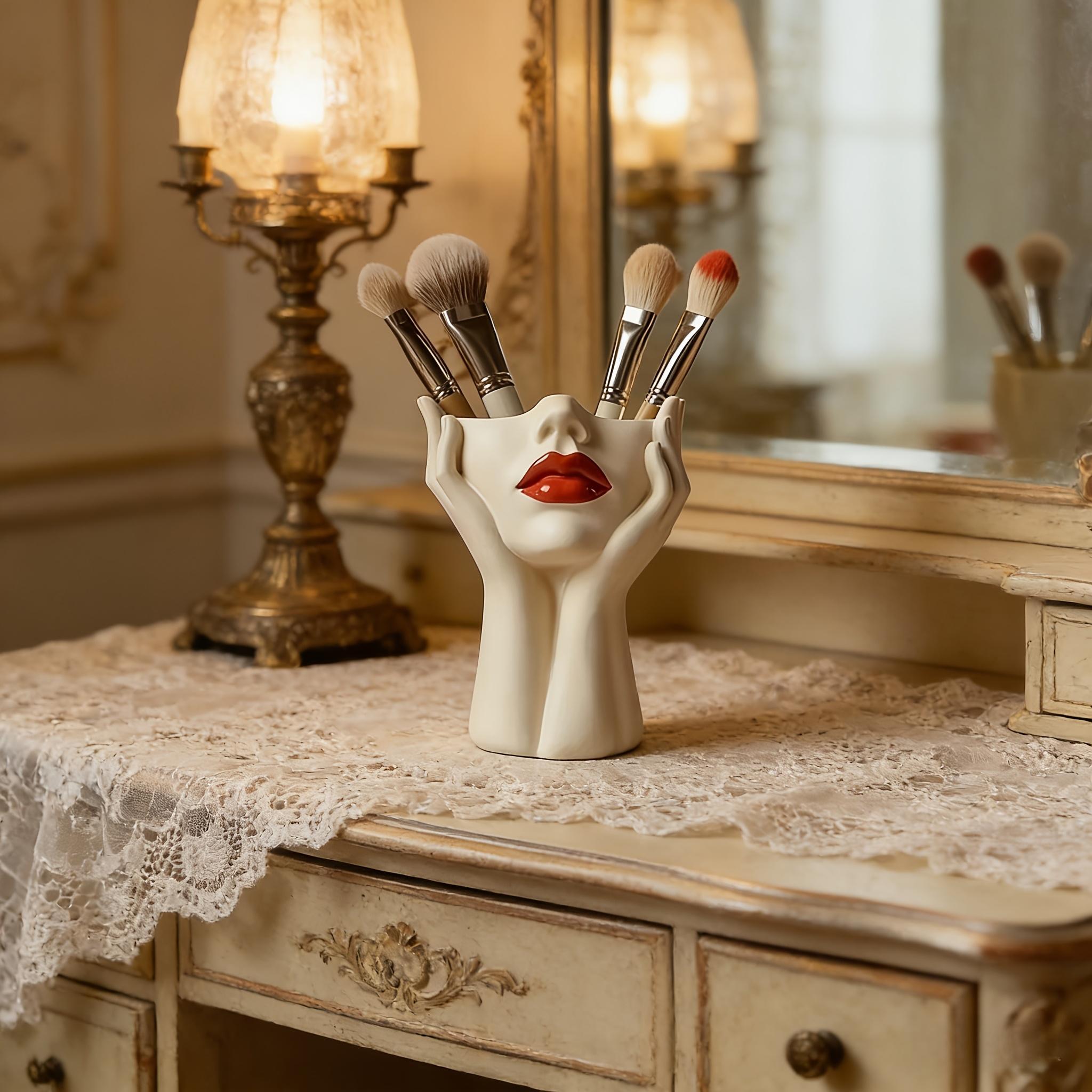 1pc Elegant Resin Makeup Brush Holder with a Red Lip Design - a Lightweight Synthetic Resin Cosmetic Organizer, Pen Holder, and Freestanding Desktop Organizer for Use in the Bathroom or on a Dressing Table.