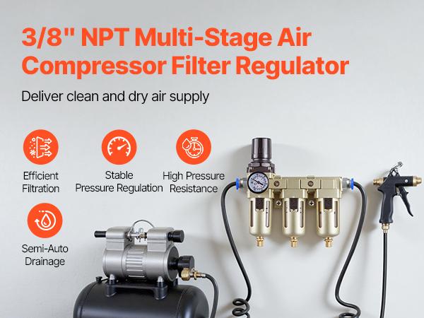 VEVOR Air Compressor Filter Regulator, 3/8 NPT 3-Stage Air Compressor Water Separator with 5m/1m/0.01m Micron Filter Elements, Semi Auto Drain Air-Drying System 145PSI Max Pressure, Poly Bowl