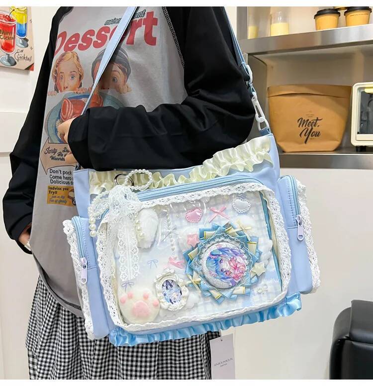 New Nylon/Polyester Ita Bag for Lolita Girls - Transparent Large-Capacity Shoulder Tote, Crossbody, DIY Display Casual Handbag