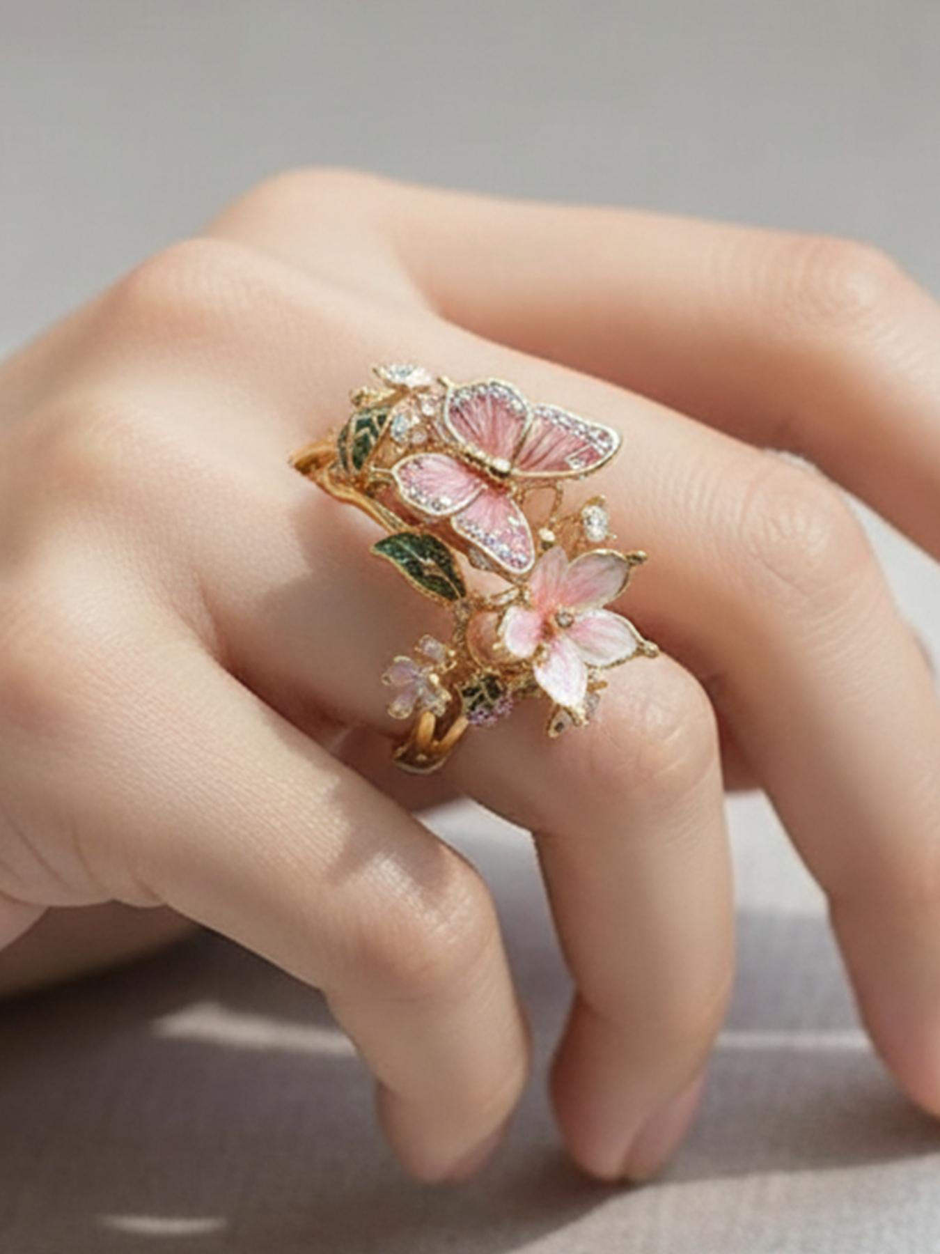 Mother's Day Gift Butterfly Flower Oil Drop Ring for Women, Statement Ring, Elegant Casual Ring, Leaf Accents, Floral Design, Daily Fashion Accessory, Perfect Holiday Gift