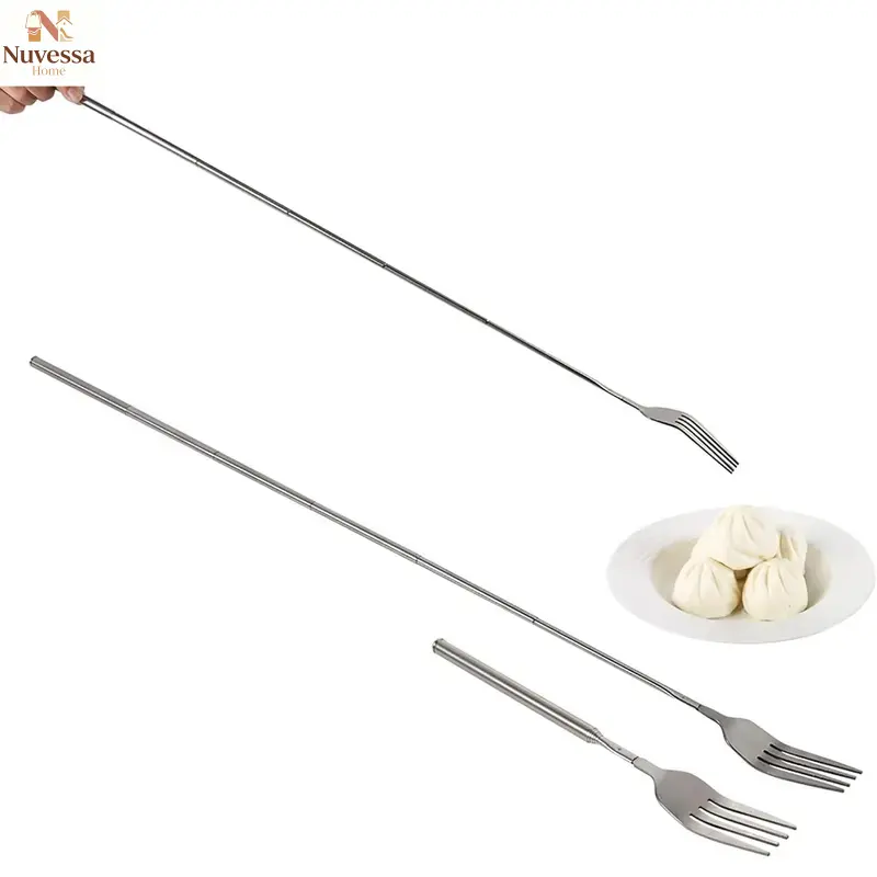 NUVES Extendable Fork, Extendable Spoon,Portable Stainless Steel Telescopic Long Handle Fork, Practical Rust-proof BBQ Fruit Dessert Pastry