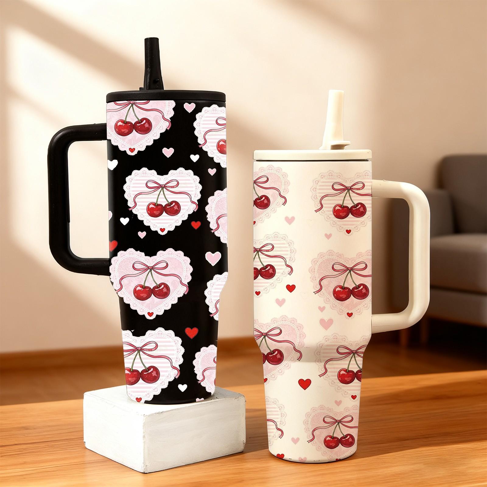 1 Pc 40oz Double Layer Insulated Mug, Tumbler, Vintage Cherry Bow Pattern Thermal Mug, Double Wall Vacuum Mug with Straw Lid and Handle, Keeps Hot 12 Hours, Cold 24 Hours, Large Capacity Car Cup for Hot Cold Drinks, Gift for Women Holiday Daily Use