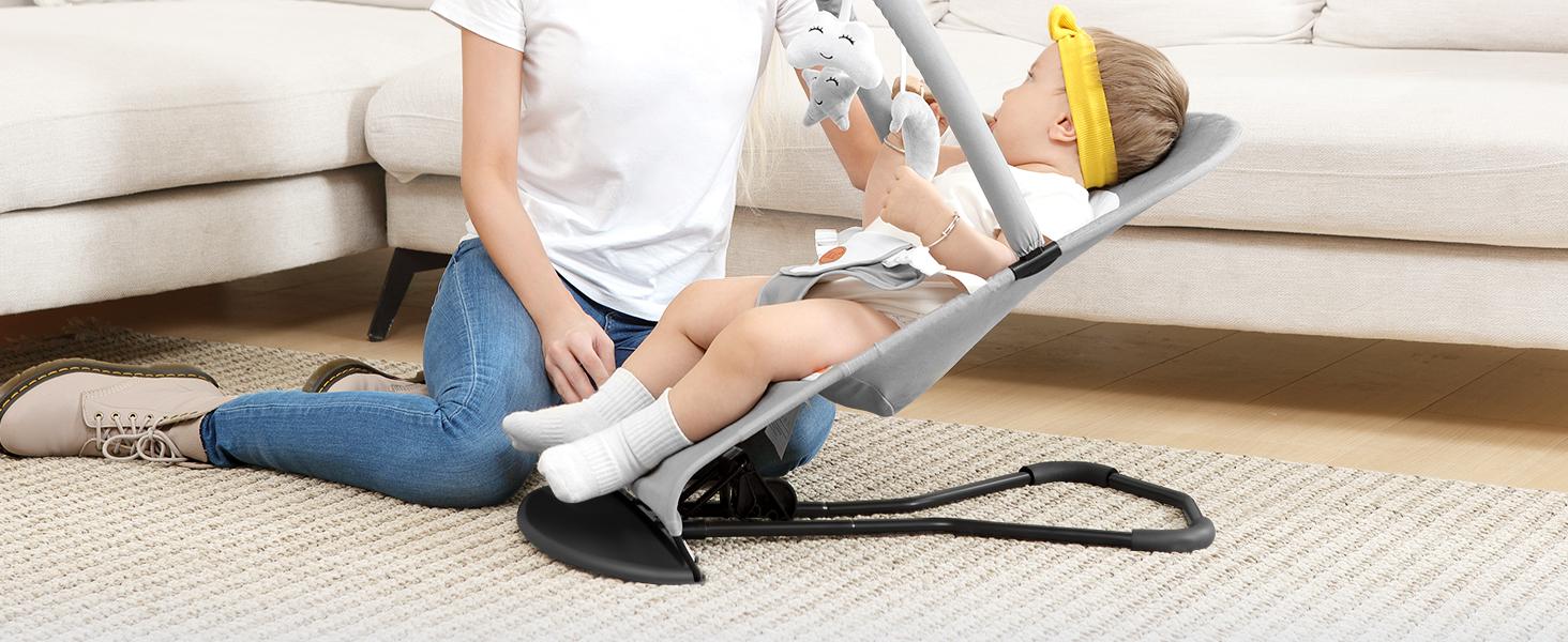 Baby Bouncer, Portable Baby Bouncer Seat for Babies 4-18 Months, 100% Cotton Fabrics, 3 Modes of use with Rocker and Stationary Options, Infant Rocker Chair with Hanging Toys-Light Grey Swing Set Swing Trainer