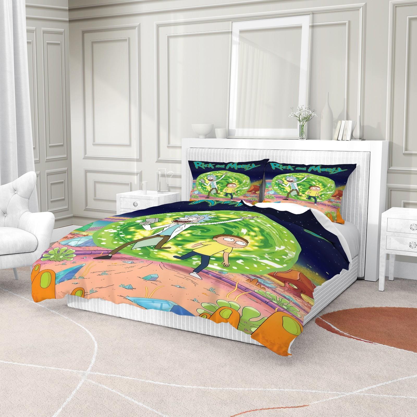 Rick and Morty Pattern Printed Soft Durable Bedding Set, Bed Sheets Set, Includes 1 Fitted Sheet and 1 or 2 Pillowcases, Excluding The Core And Pillow Core, Modern Style Bedroom Decor, Bed Sheet Sets