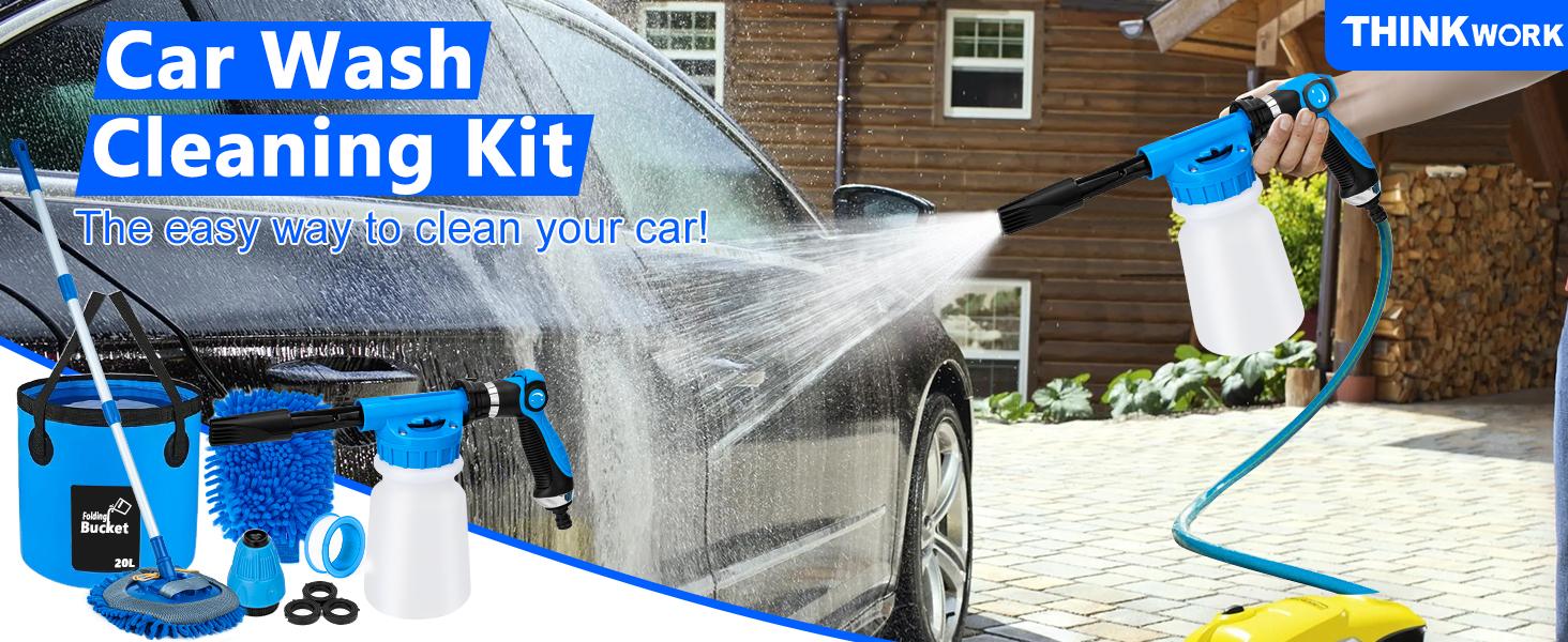THINKWORK Car Wash Kit, Car Detailing Kit with Foam Gun, Car Wash Brush Mop and Large Folding Bucket Suitable for Car Cleaning, Blue Car Wash Set Gift for Men and Women