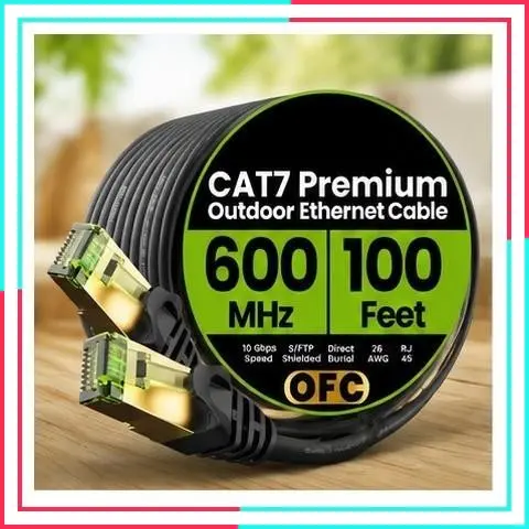Outdoor Cat7 Ethernet Cable 100ft SFTP Shielded Foil Twisted Pair Pure Copper LLDPE Waterproof Direct Burial UV Resistant POE Network LAN Internet Cable
