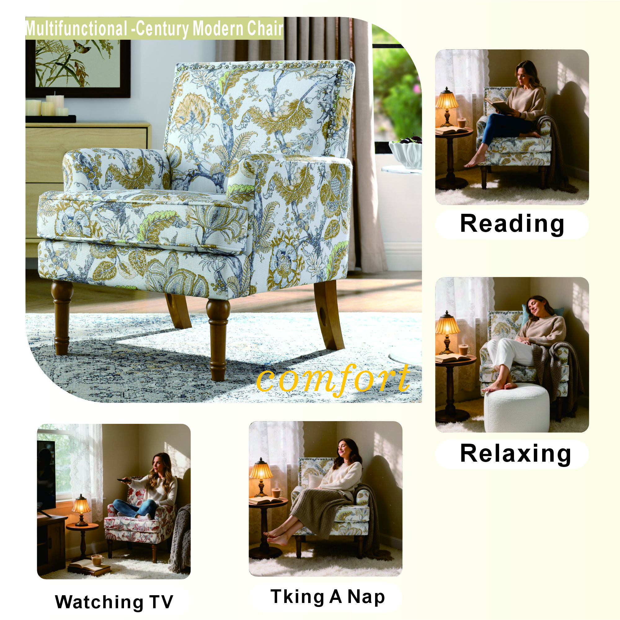 Accent Chair, Floral Armchair, Nailhead Trim, Gold and Grey Decor, Solid Wood Legs, Farmhouse Furniture, Upholstered Slipper Chair, Side Chair, Traditional Print, Living Room.WL