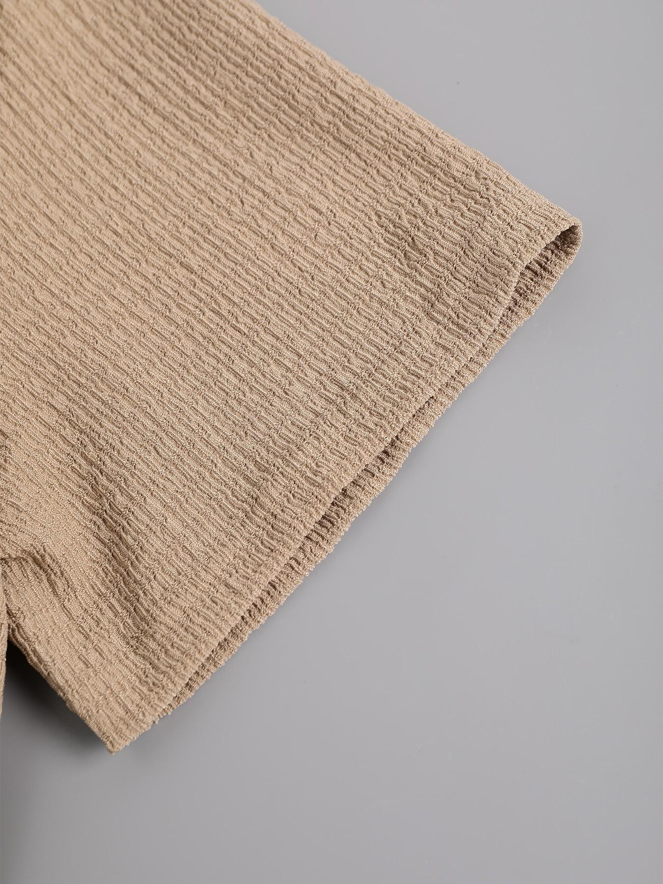 Men's Khaki Textured 2-Piece Loungewear Homewear Set - Short Sleeve Collared Shirt & Drawstring Waist Pants, Lightweight Breathable Fabric, Relaxed Fit for At-Home Lounging, Lazy Weekends & Casual Evenings