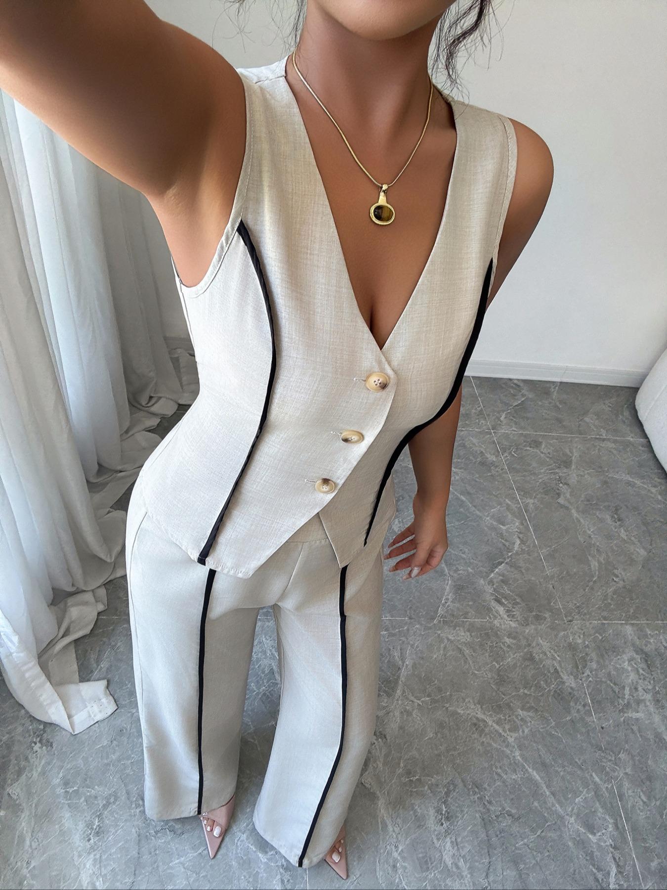 Colorblock V-Neck Sleeveless Vest Set with Wide Leg Pants, Spring & Fall Fashion, Slim Fit, Plain Pattern, Natural Waist