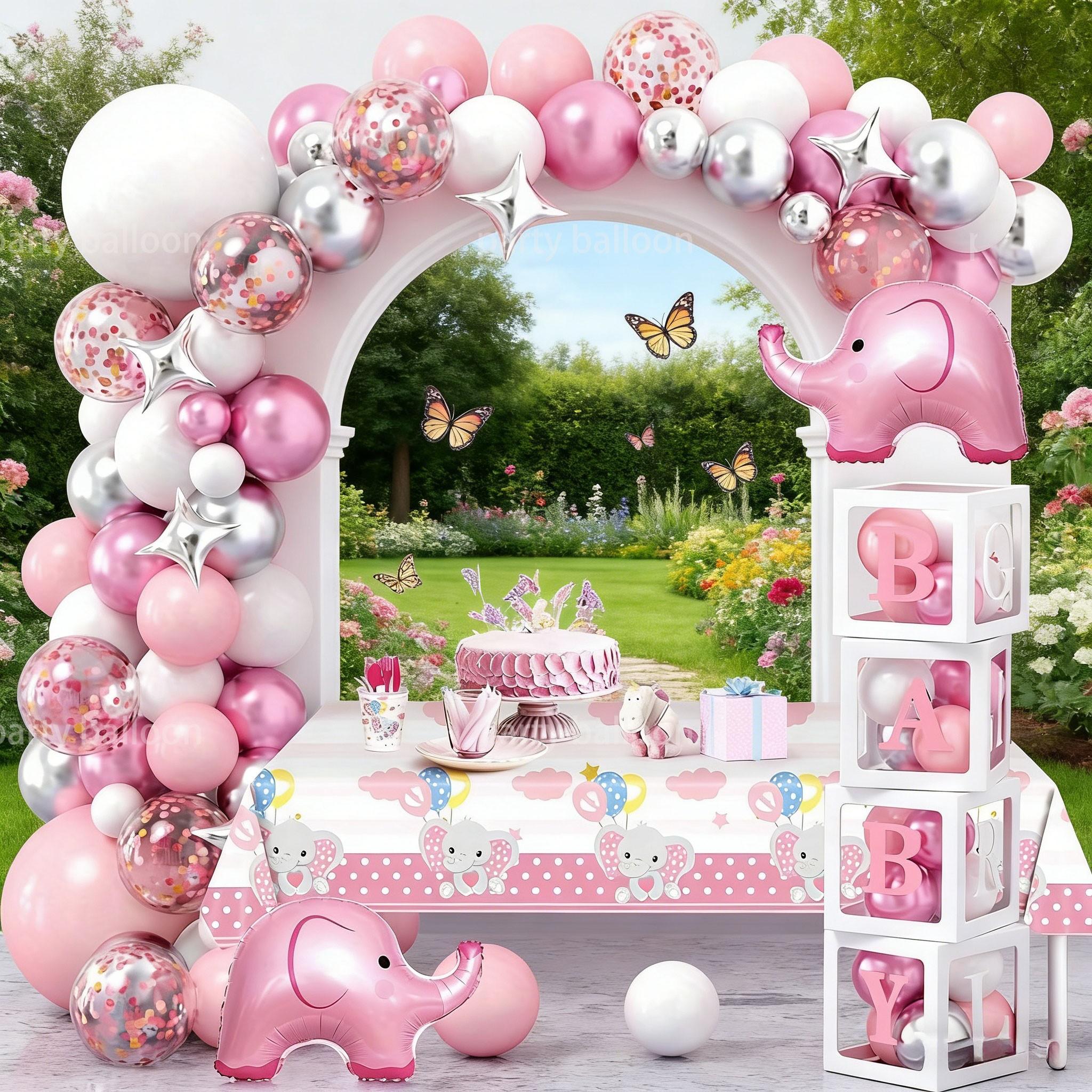 122 Piece Elephant Baby Girl Birthday Party Balloon Set, Bear, Star Aluminum, Latex, Metallic Balloons, Baby Shower Decorations