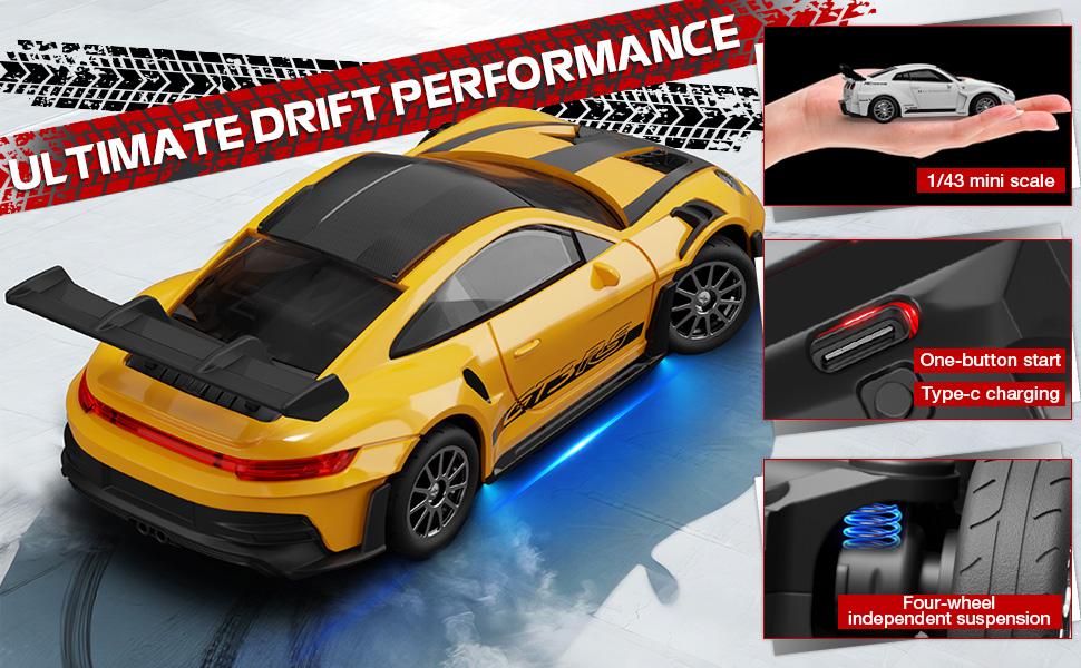Mini Porsche 911 RC Car 1/43, Alloy 4WD Drift RC Vehicle with Gyro & LED Lights, 2.4G High Speed Remote Control Hobby Toy, ARRIS Version for Men Gift