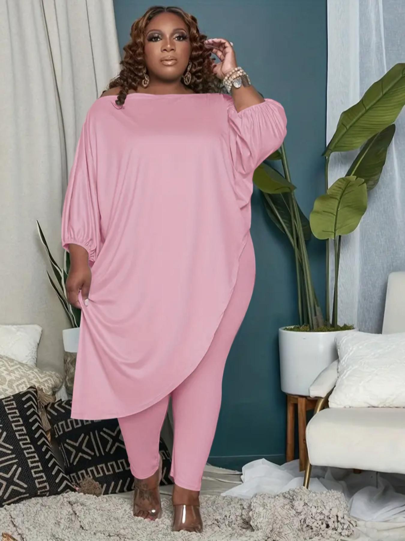 【Plus Size】 Women's Two-Piece Set Asymmetrical Hem Lantern Sleeve Top & Elastic Waist Pants, Casual Three Quarter Length Sleeve Boat Neck Top & Trousers for Daily Wear, Women's Two-piece Outfits for Fall & Winter, Clothes