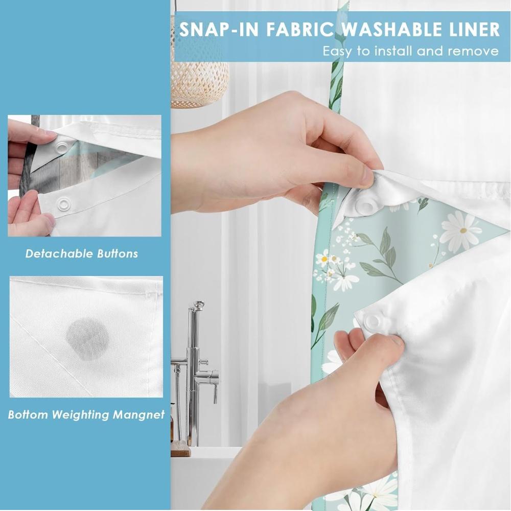 1pc hookless shower curtain with buckle lining, spring white and green daisy floral design, 2D flat printing, fabric waterproof lining, see-through double shower curtain, 71 x 74 inches, modern home draping curtain.
