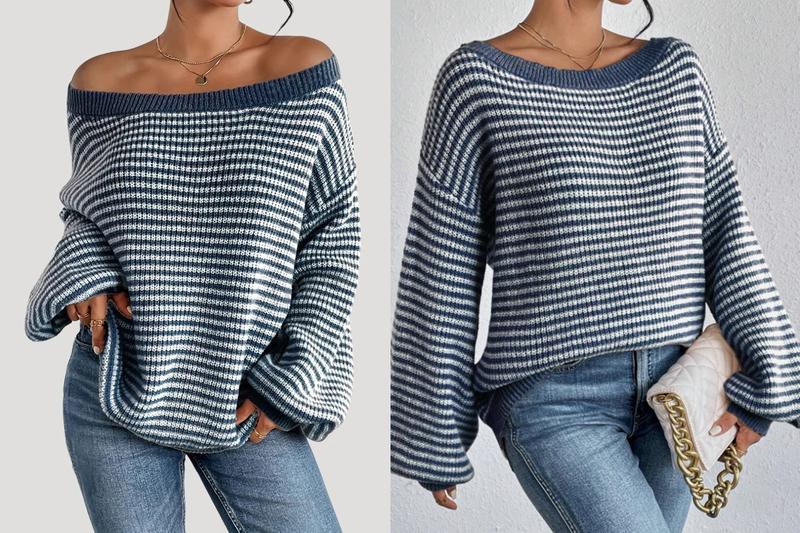 Women's Oversized Striped Knitted Sweater Off Shoulder Long Sleeve Pullover for winter 2026 Fashion Casual Knitwear Tops Women's Oversized Striped Knitted Sweater Off Shoulder Long Sleeve Pullover for winter 2026 Fashion Casual Knitwear Tops