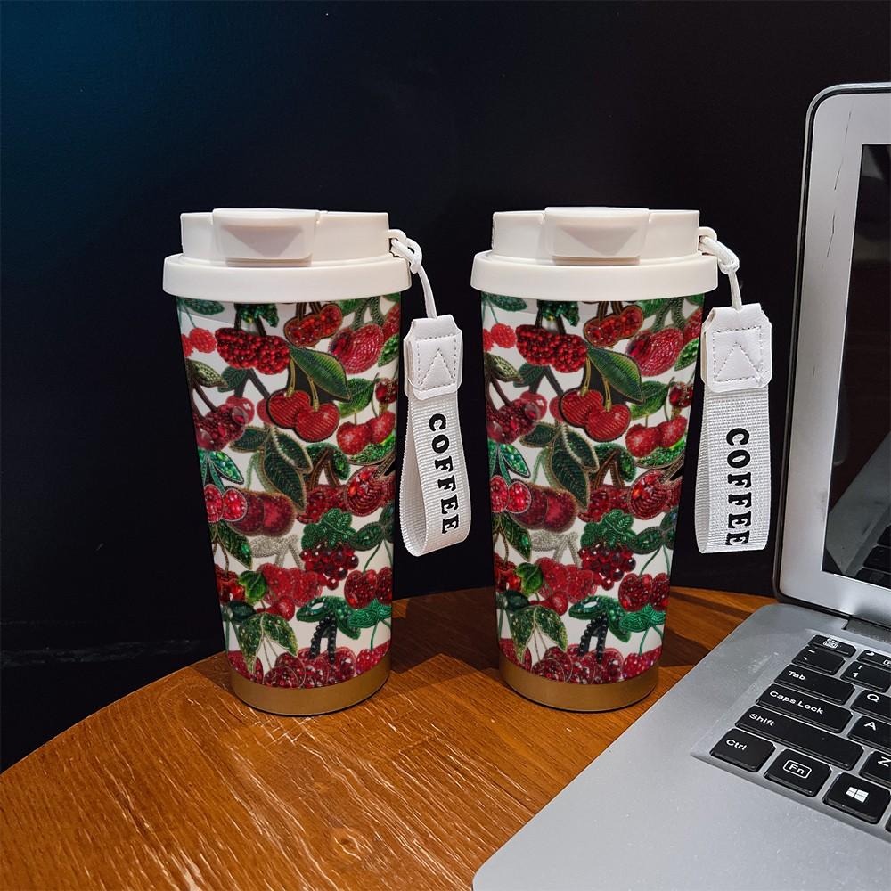 Abstract Oil Painting Cherry Texture Coffee Cup, Portable Insulated Tumbler, Keeps Hot/cold, Boho Style, Ideal for Office, Travel, Sports