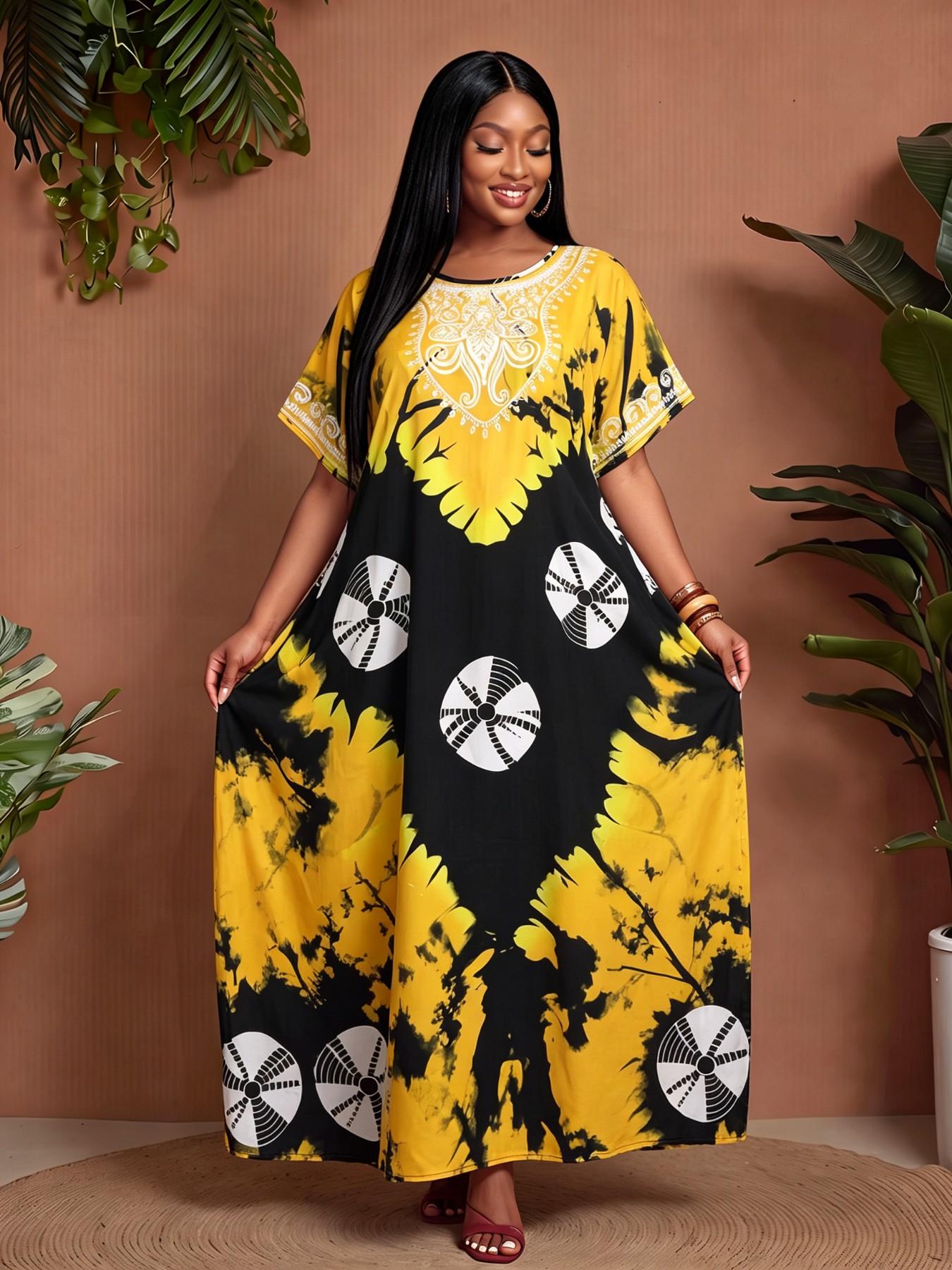 African Totem Print Long Dress, Bohemian Print Dress, Boho Style Loose Fit Short Sleeve Maxi Dress, Plus Size Home Beach Summer Vacation Dress, Vintage Exotic Wind, Casual