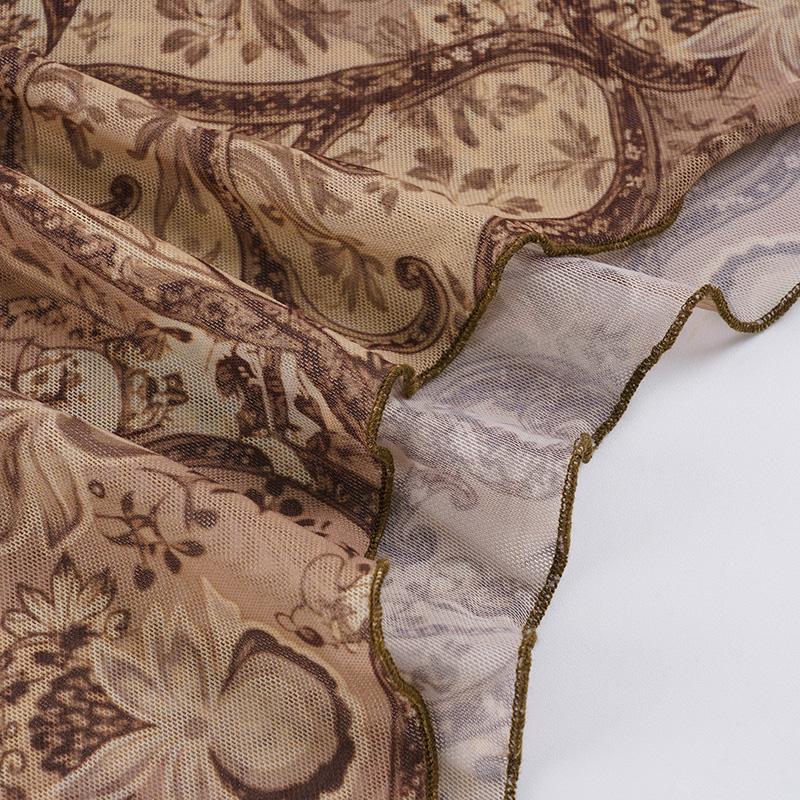 Vintage Walnut Flower Print Mesh Halter Top, Contrast Lace, Sleeveless, Irregular Hem, Y2K Aesthetic, Slim Fit, All Seasons, Cropped Cami Top