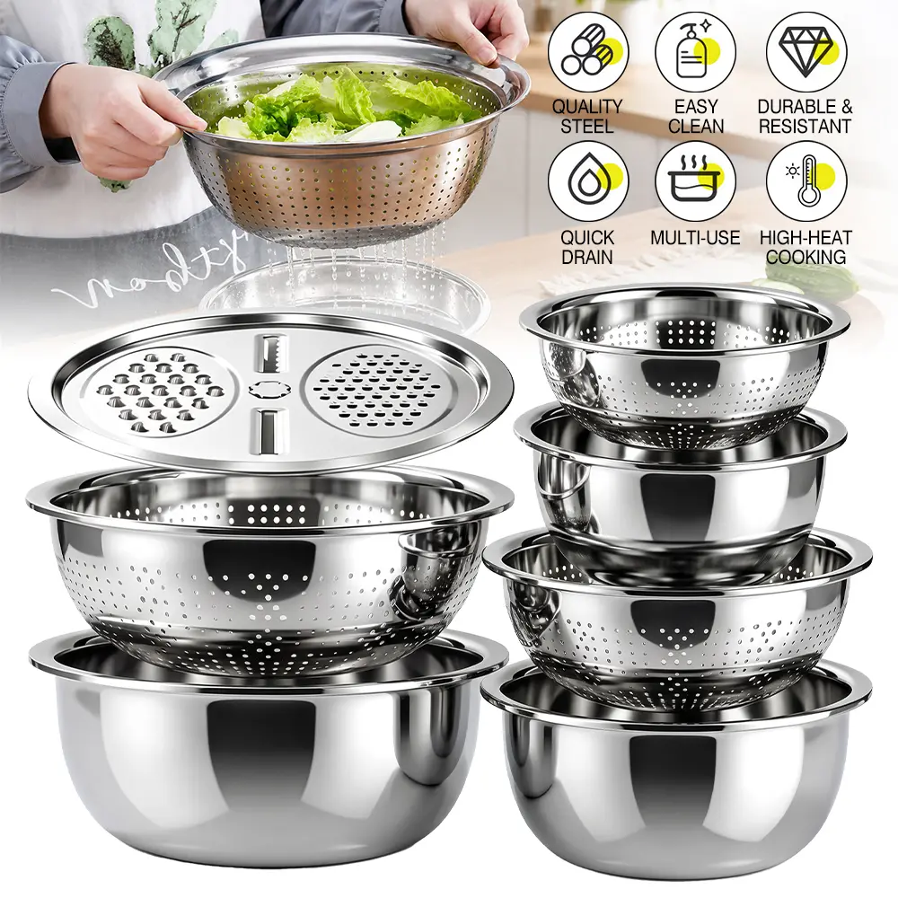 6pcs Multifunctional Stainless Steel Basin Colander Strainer Set, Salad Spinner Fruit Vegetable Rice Washing Strainer Basket Bowl, Rice Rinser Food Graters with Container