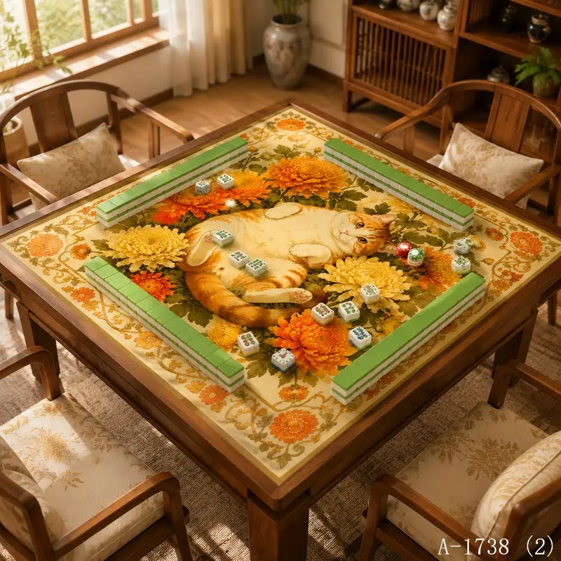 Vintage Cat Chrysanthemum Mahjong Mat, Non-Slip Silent Rubber Foldable Waterproof Mahjong Pad, Ideal for Family Gatherings