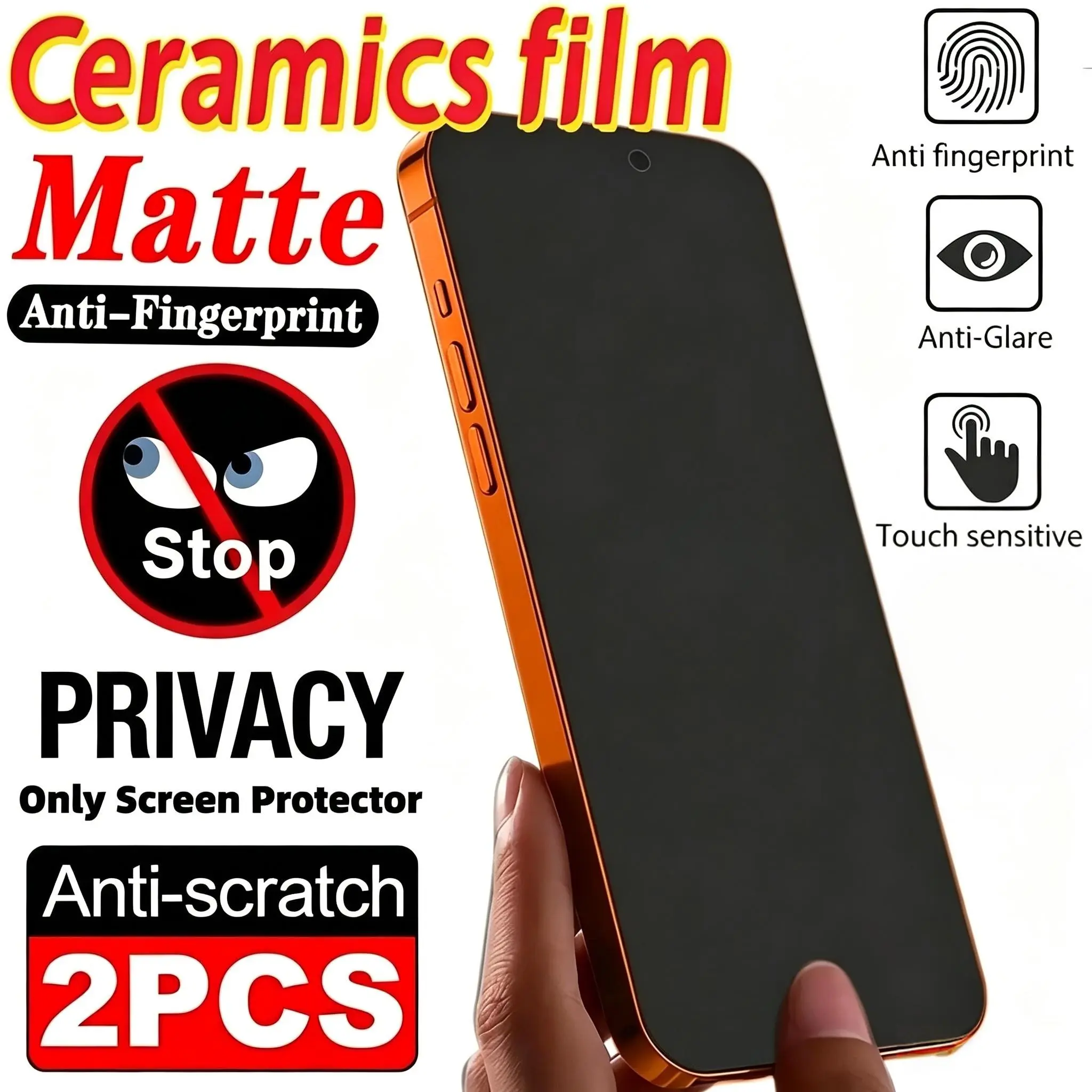 2pcs Matte Anti Peeping Ceramic Film Anti Glare and Anti Fingerprint Phone Screen Protector Privacy Glass for iPhone 17 Pro Max 16 15 Plus 14 13 12 11 Series Frosted Anti Scratch and Anti Spy Office/subway Privacy