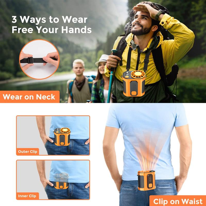 Portable Waist Fan Under Shirt Rechargeable 5000mAh Powerful Wind for up to 24 Working Hours Personal Cooling Fan Mini Hands-Free Fan With Flashlight for Outdoor & Travel Orange