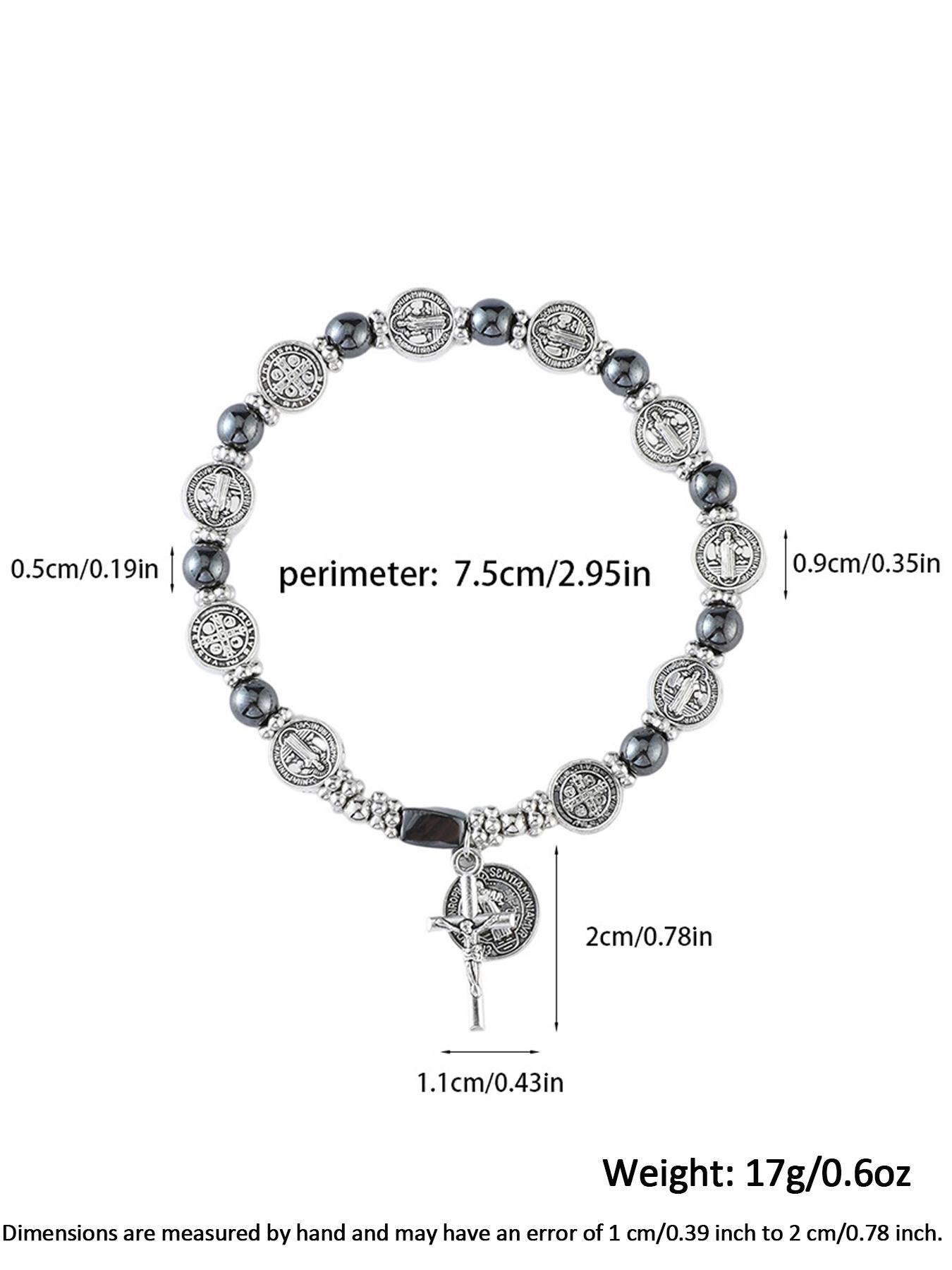 Vintage Agate Beaded Bracelet, Handmade Elastic String, Fashion Casual Unisex Jewelry, Cross Pendant Charm