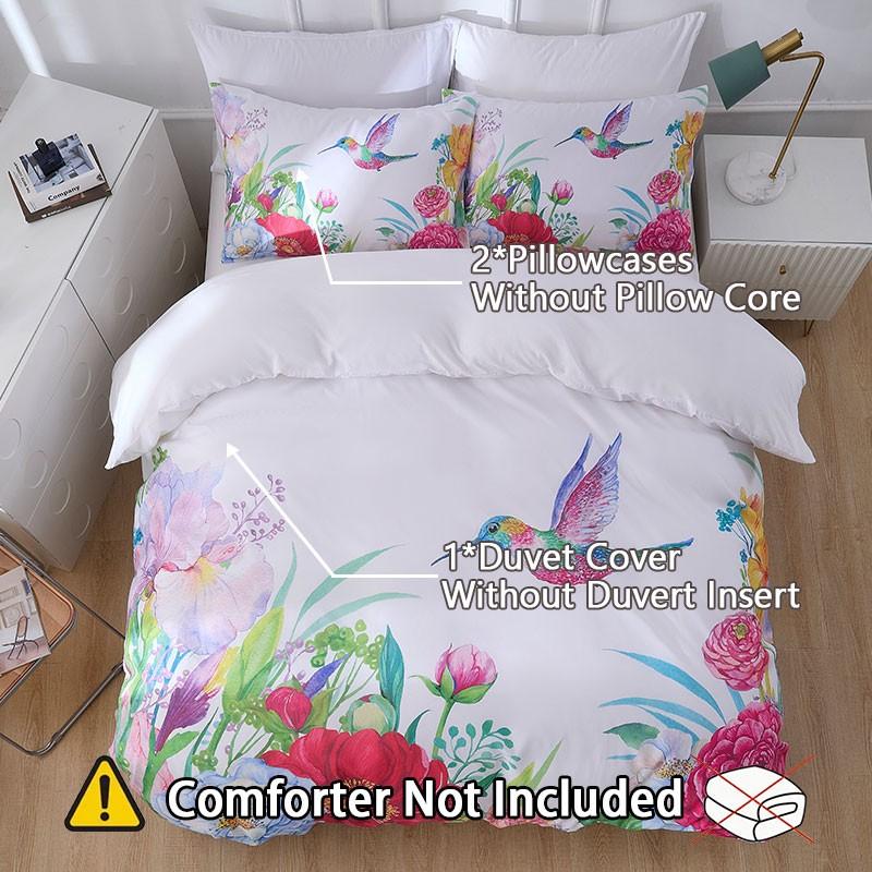 3pcs Plant Flower Hummingbird Bedding Set, Includes 1 Duvet Cover + 2 Pillowcases, Comfortable Sleep, Durable Material, Perfect Gift for Dorm Room
