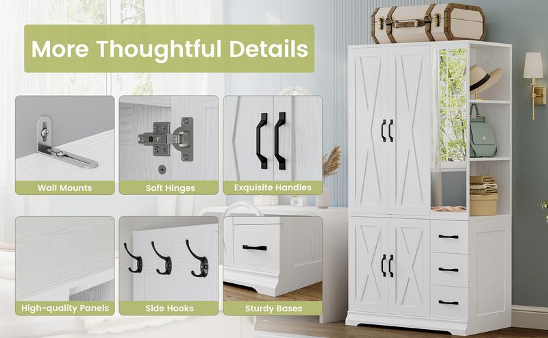 ANCTOR Armoire Wardrobe Closet with Mirror, 70.9" H × 36.2" W, Bedroom Armoires with 4 Doors, 3 Drawers and Shelves, Large Clothing Storage Cabinet for Hanging Clothes