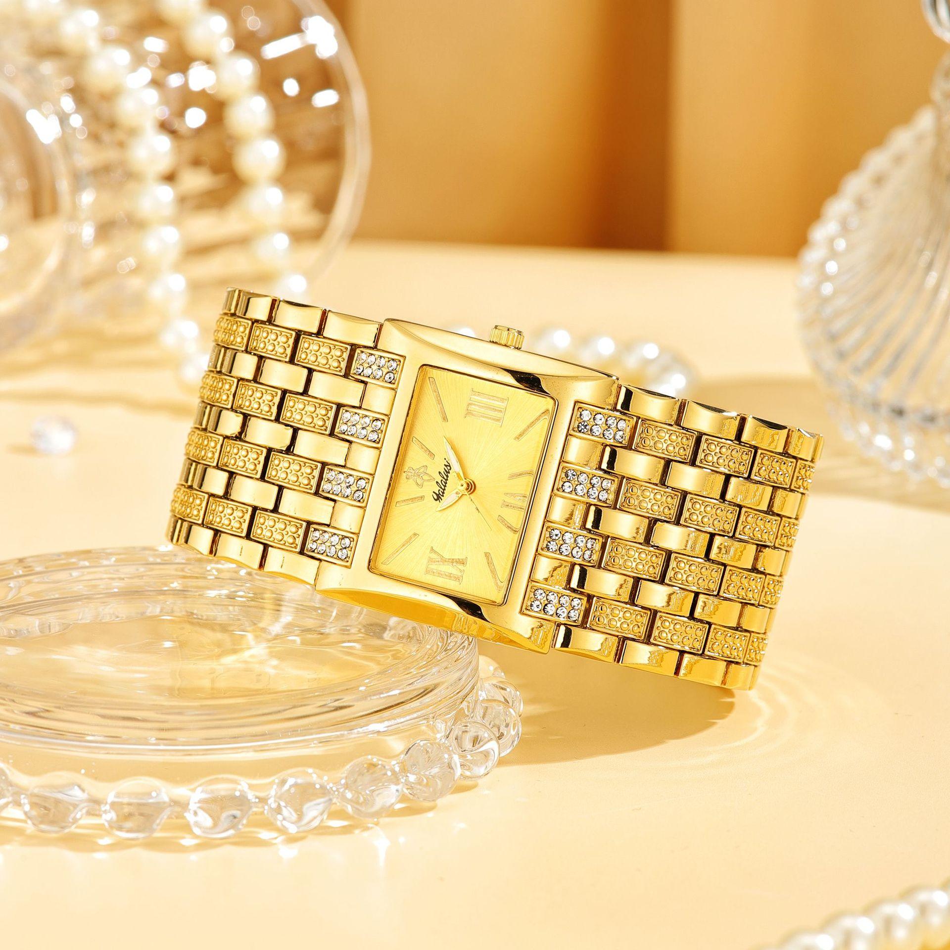 Women's Luxury Gold Square Diamond Watch - Elegant Bling Crystal Encrusted Bracelet with Roman Numerals, Stainless Steel Band, Fashion Dress Wristwatch, Perfect Gift for Her