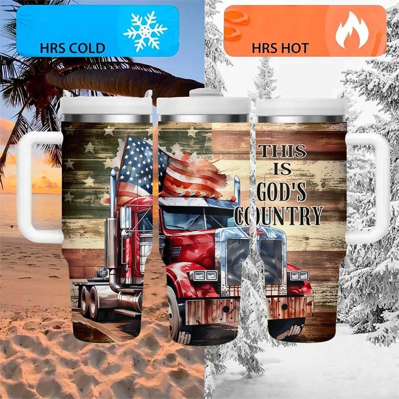 1pc 40oz American Truck Theme Insulated Cup with Handle, Stainless Steel Flag Cup, Straw Cup, Patriotic Gift for Truck Drivers