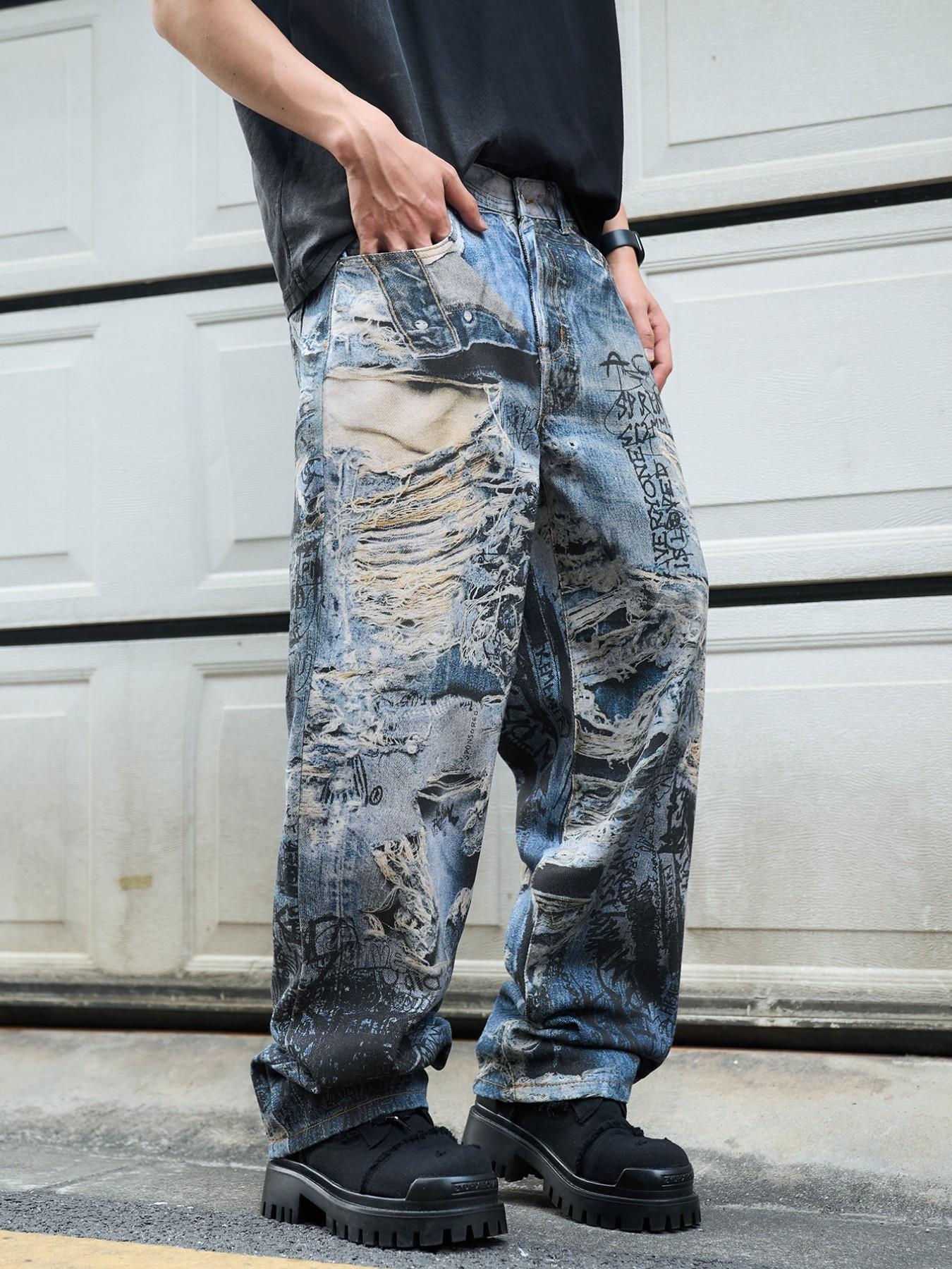 Men's 3D Printed Jeans Y2K Graffiti Denim Jeans, Wide Leg Streetwear, Loose Fit Casual Jeans for All Seasons