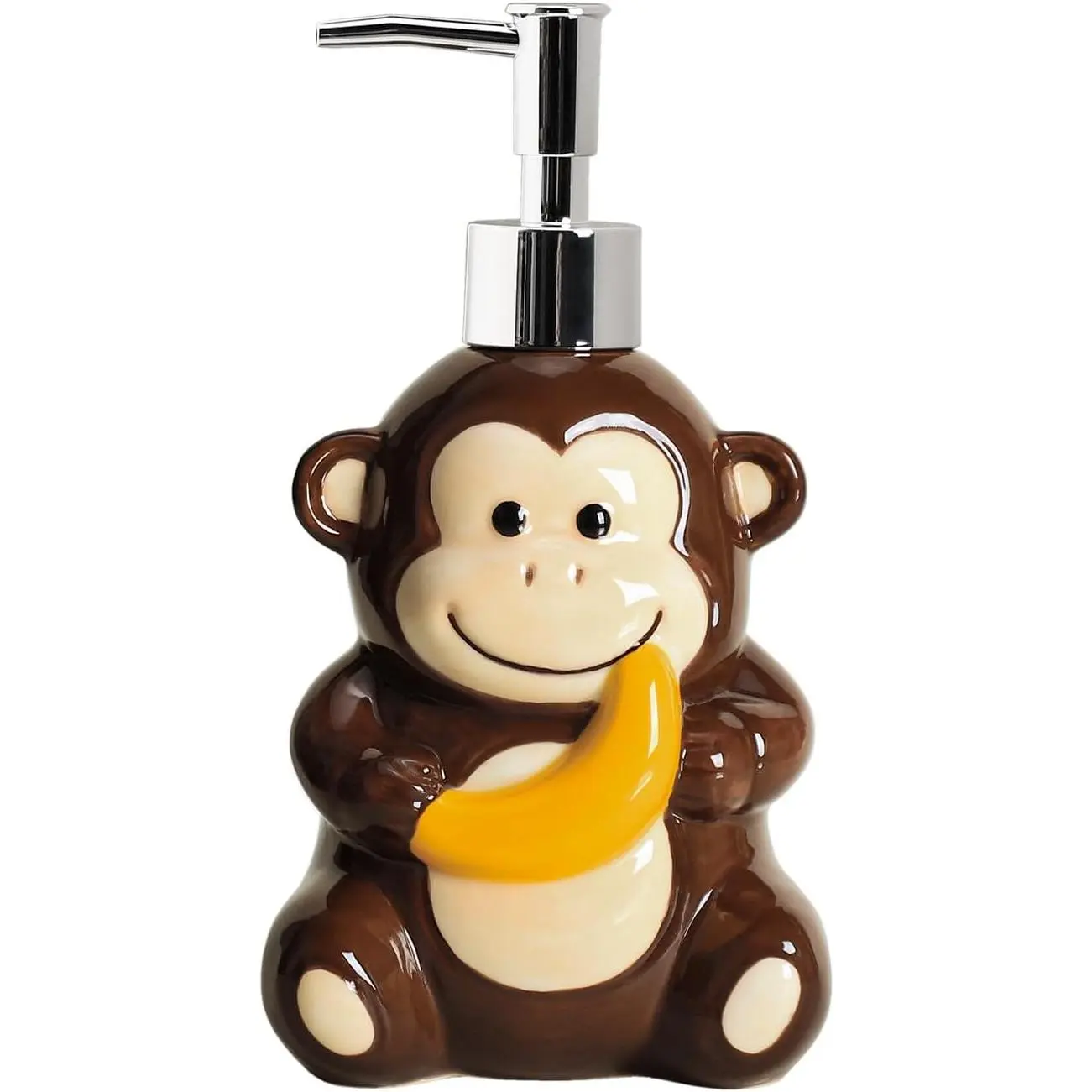 Ceramic Monkey with Banana Soap Dispenser, Refillable Lotion and Hand Soap Bottle with Plastic Pump