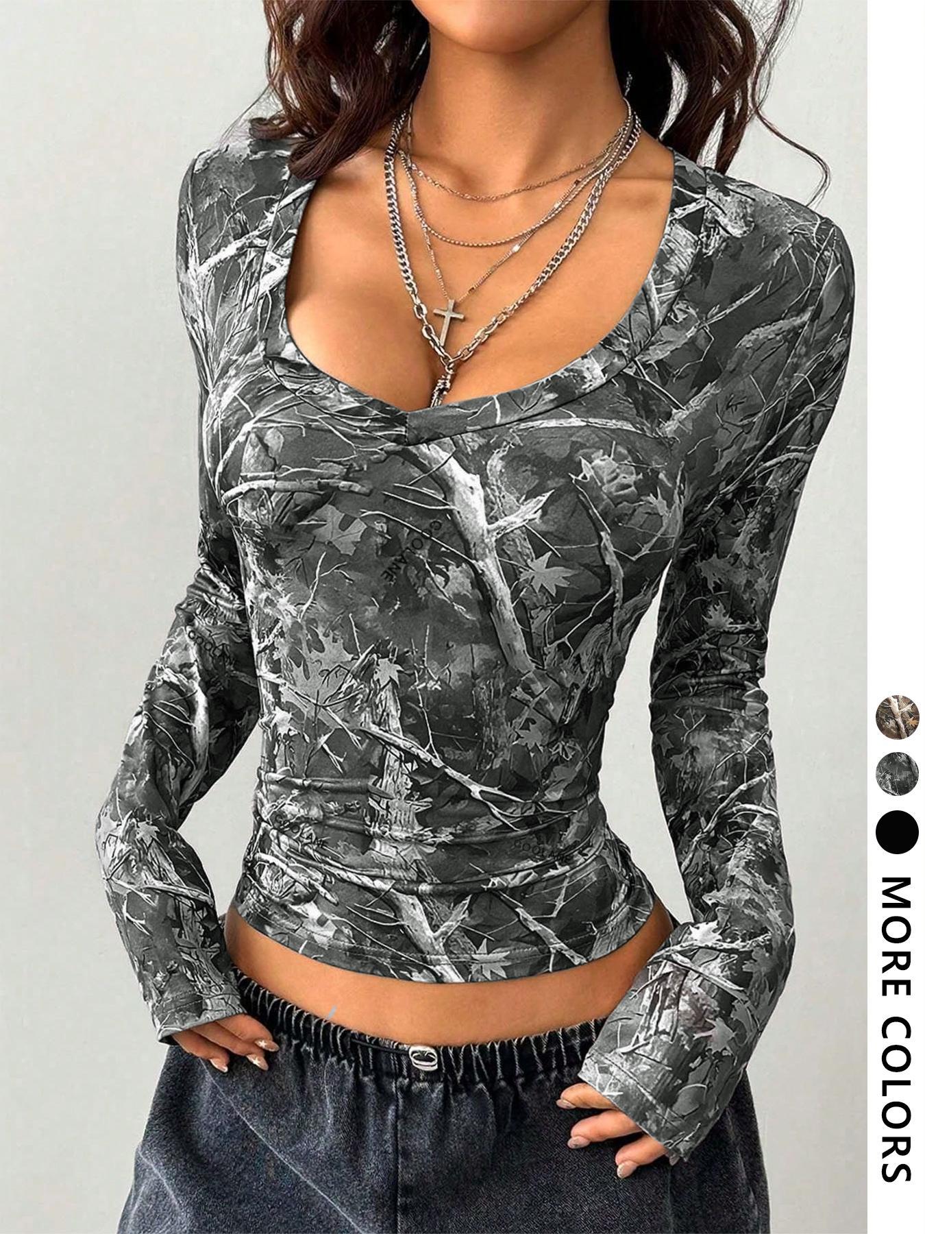 Women's Plain / Camo Print Tee, Casual Long Sleeve V Neck T-shirt for Fall & Winter, Women's Clothing for Daily Wear, Womenswear