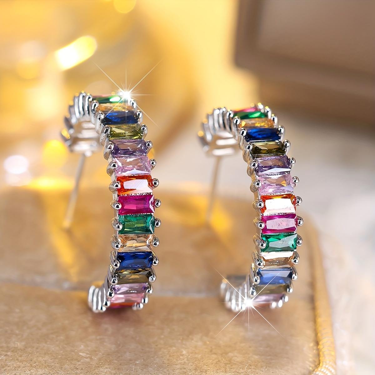 Women's Silvery-Plated Multicolored Rainbow Cubic Zirconia Baguette Cut Open Hooped Half Hoop Earrings, Lightweight Female Everyday Wear Costume Jewelry Women's Silvery-Plated Multicolored Rainbow Cubic Zirconia Baguette Cut Open Hooped Half Hoop Earrings, Lightweight Female Everyday Wear Costume Jewelry