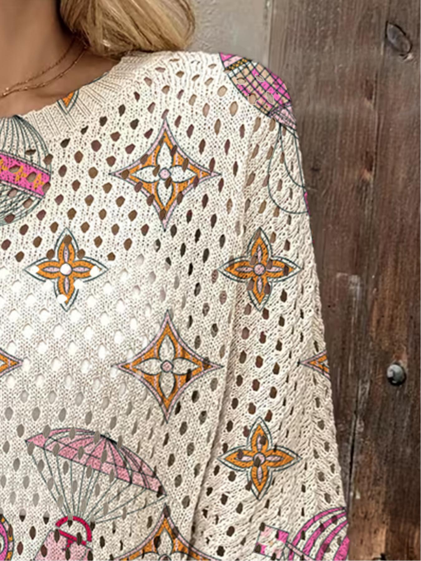 Spring and Summer collection, Lightweight Knit Sweater, round-neck open-front loose batwing shoulder sleeve pullover, color-block geometric print women's knit top, beachy style, casual elegant for work, pullover