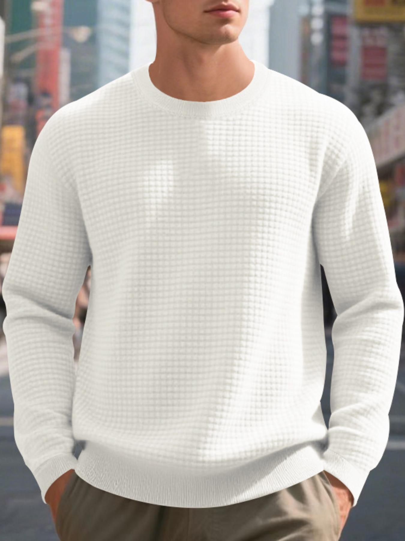 Men's White Waffle Knit Sweater, Crew Neck & Long Sleeve Design, Soft Breathable Cotton Blend for Spring Fall Casual, Office & Daily Wear – Slim Fit, Ribbed Cuffs/Hem, Thermal Texture, Classic, Crewneck